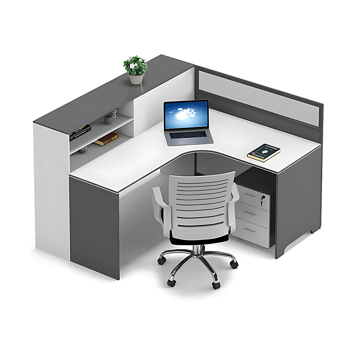 Modern Simple Office Desk and Chair Set, Wide Desktop with Screen Bookcase Partition