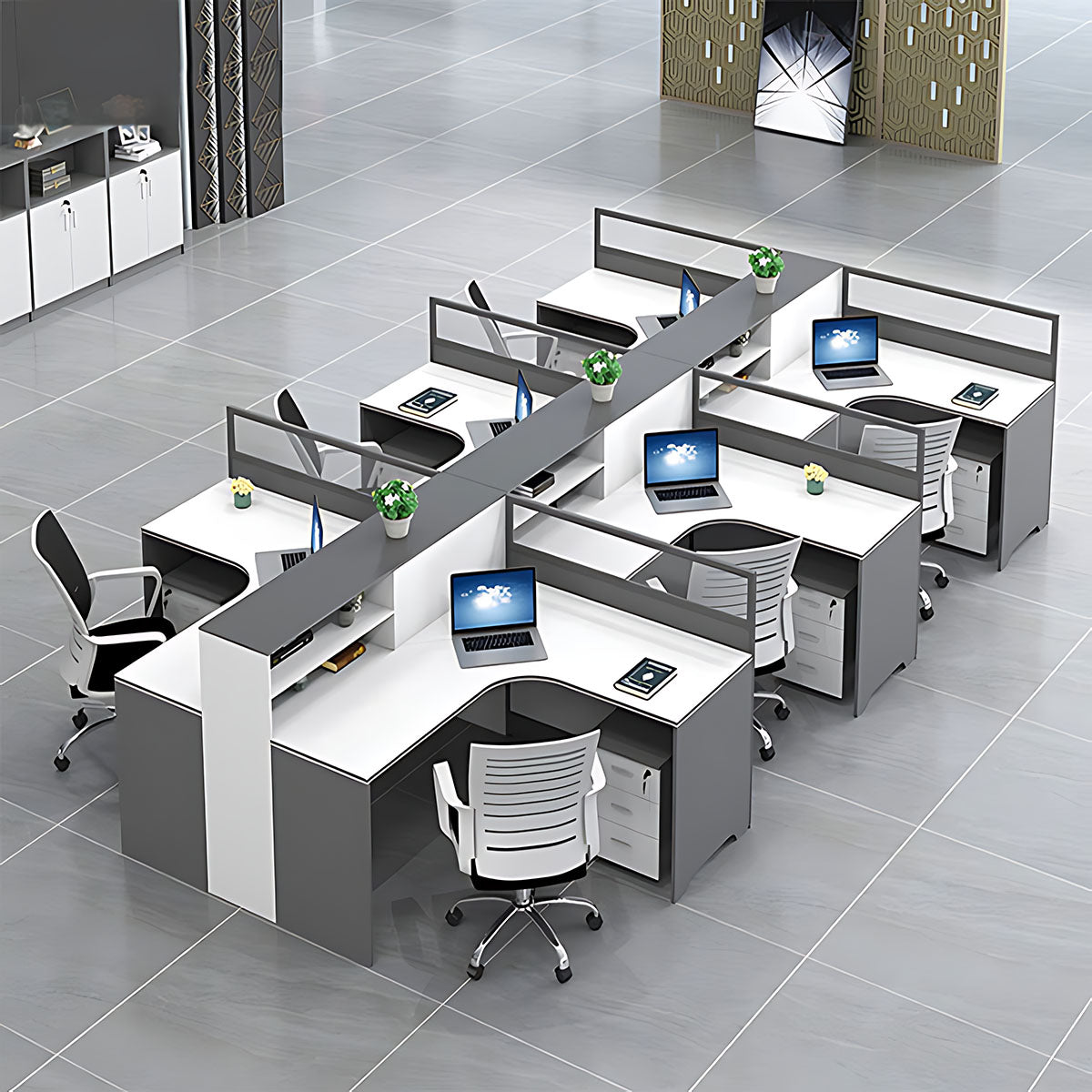 Modern Simple Office Desk and Chair Set, Wide Desktop with Screen Bookcase Partition