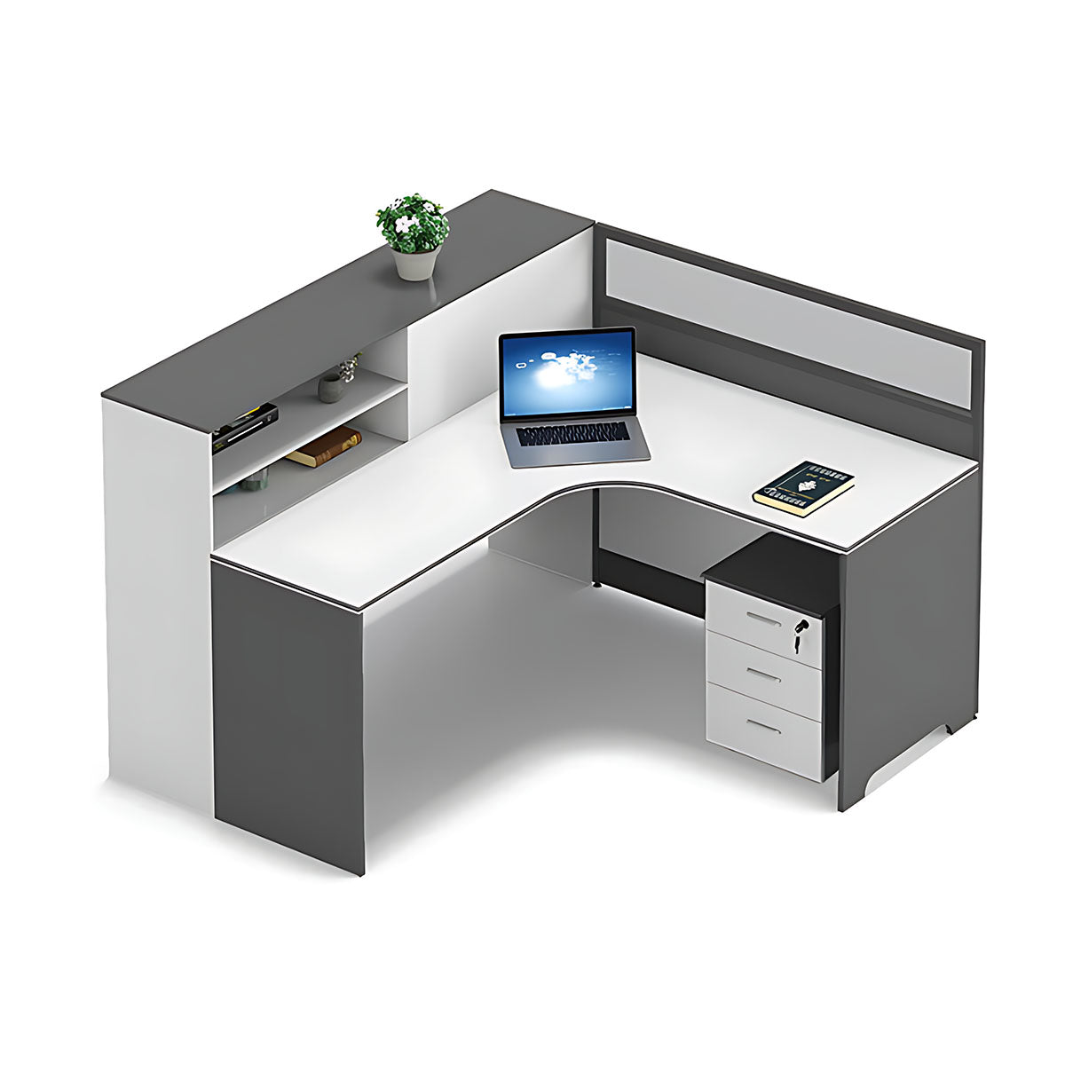 Modern Simple Office Desk and Chair Set, Wide Desktop with Screen Bookcase Partition