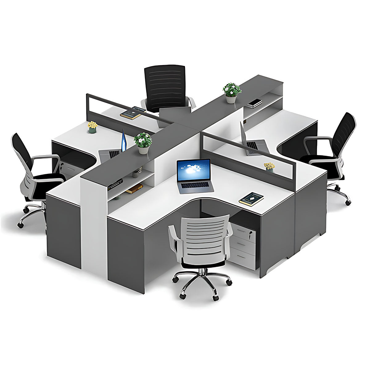 Modern Simple Office Desk and Chair Set, Wide Desktop with Screen Bookcase Partition