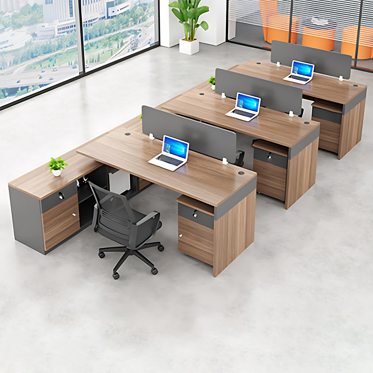 Simple Office Desk and Chair Set with Screen, Four Seater