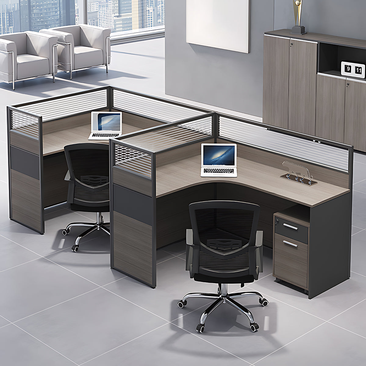 Minimalist Office Desk with Screen Partition, Four Seater