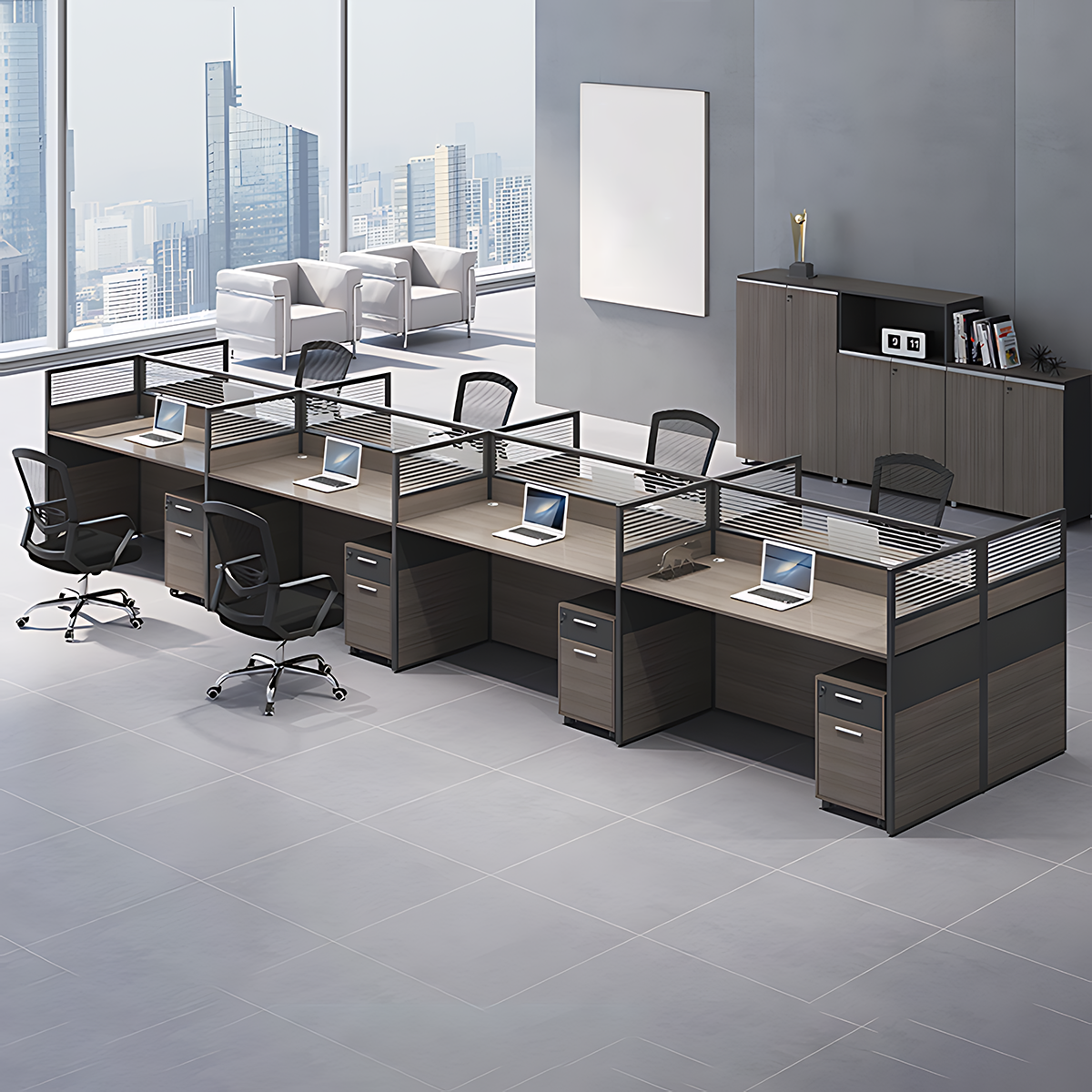 Minimalist Office Desk with Screen Partition, Four Seater