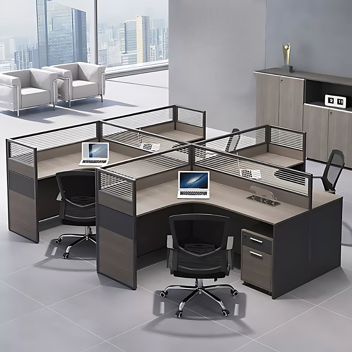 Minimalist Office Desk with Screen Partition, Four Seater