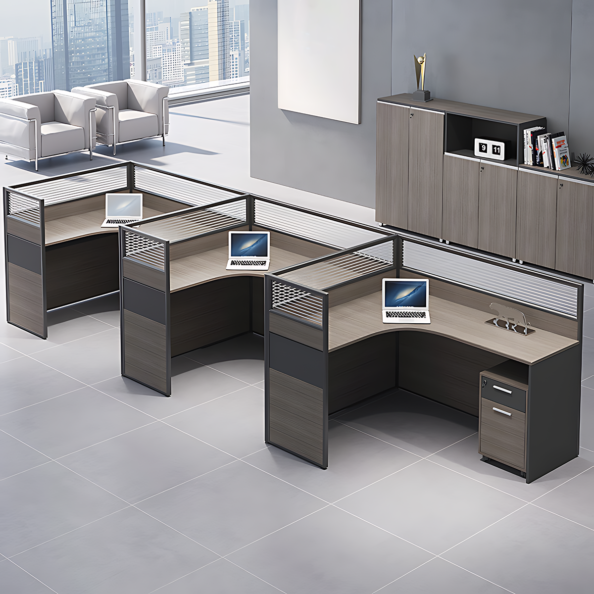 Minimalist Office Desk with Screen Partition, Four Seater