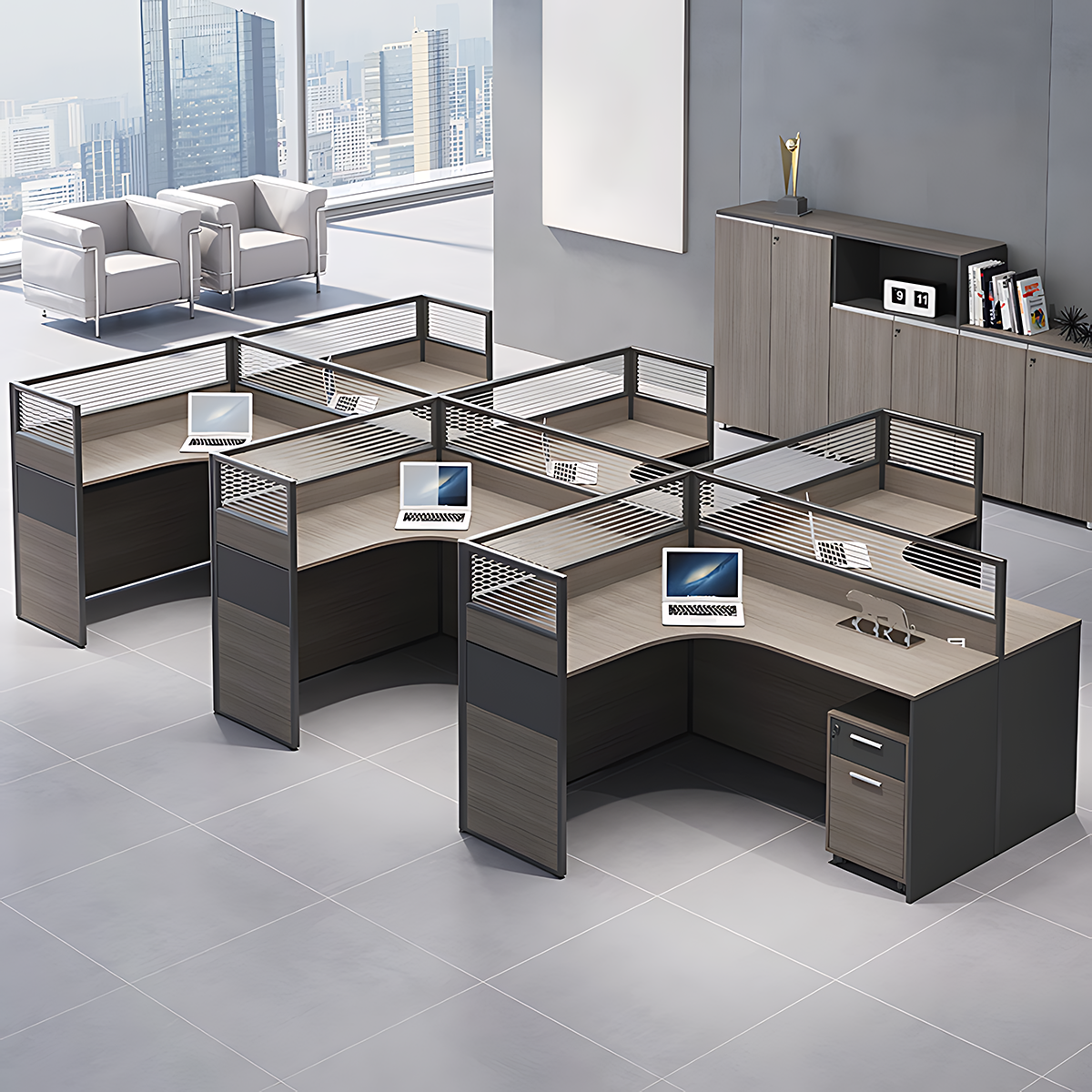 Minimalist Office Desk with Screen Partition, Four Seater