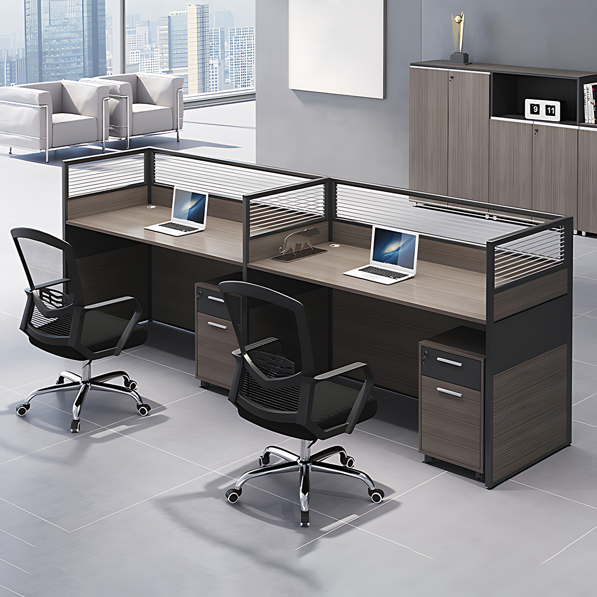 Minimalist Office Desk with Screen Partition, Four Seater