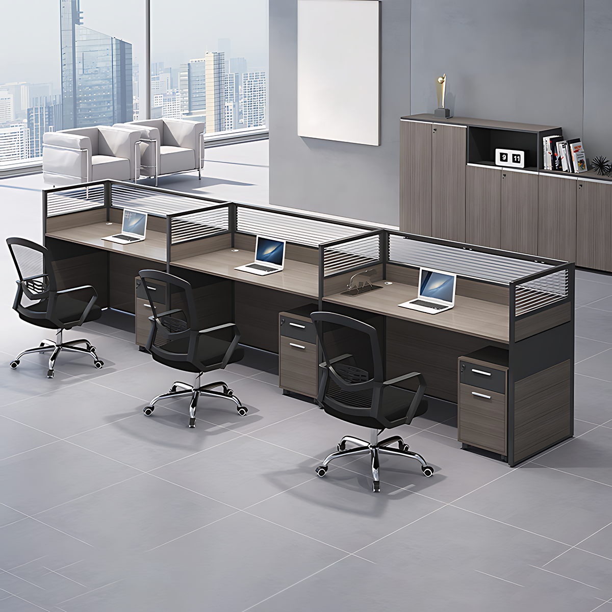 Minimalist Office Desk with Screen Partition, Four Seater