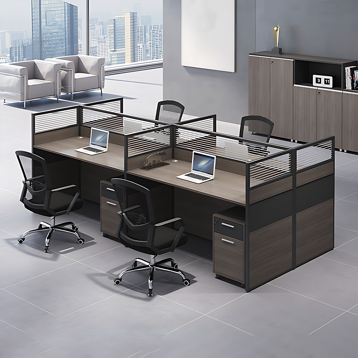 Minimalist Office Desk with Screen Partition, Four Seater