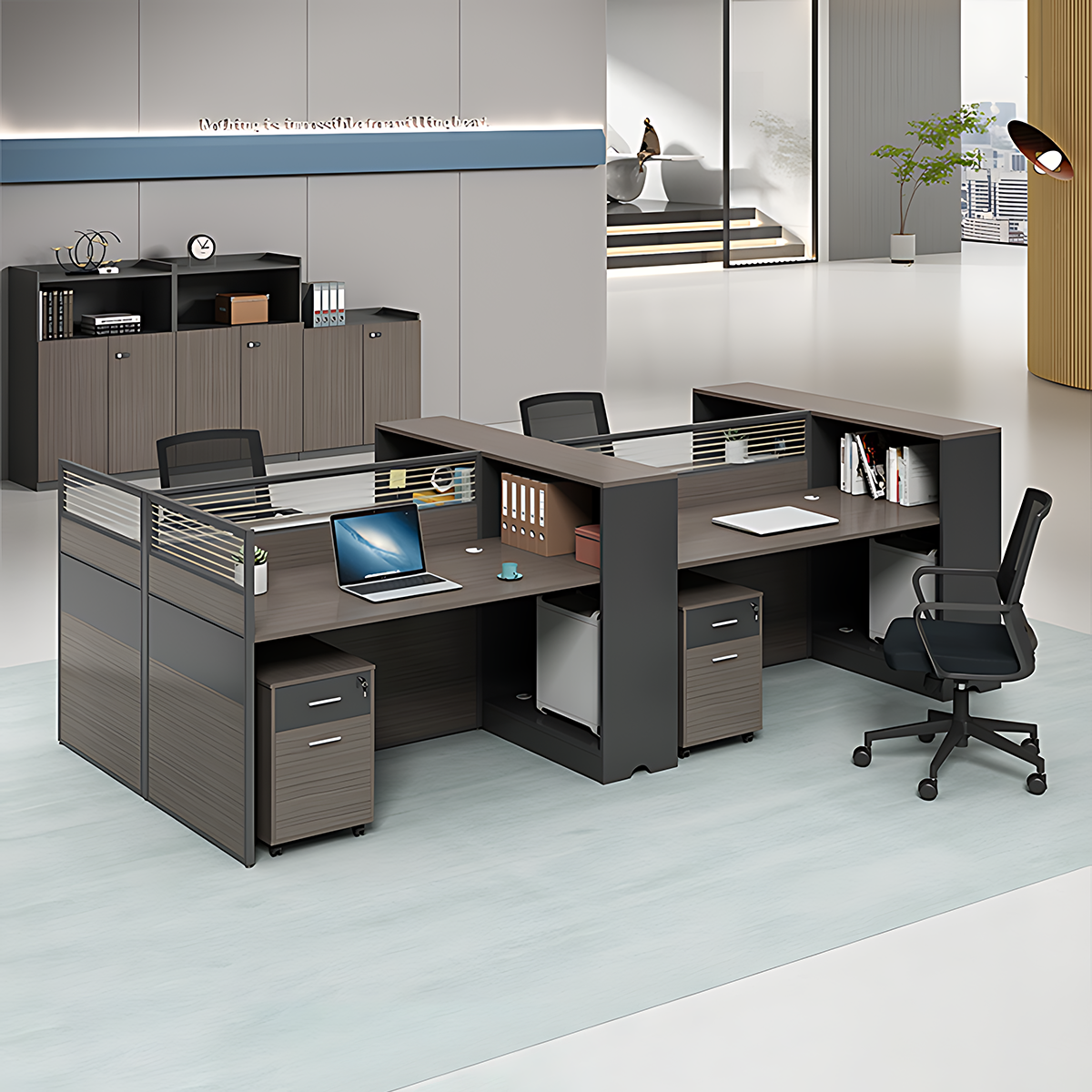 Minimalist Office Desk with Screen Partition, Four Seater