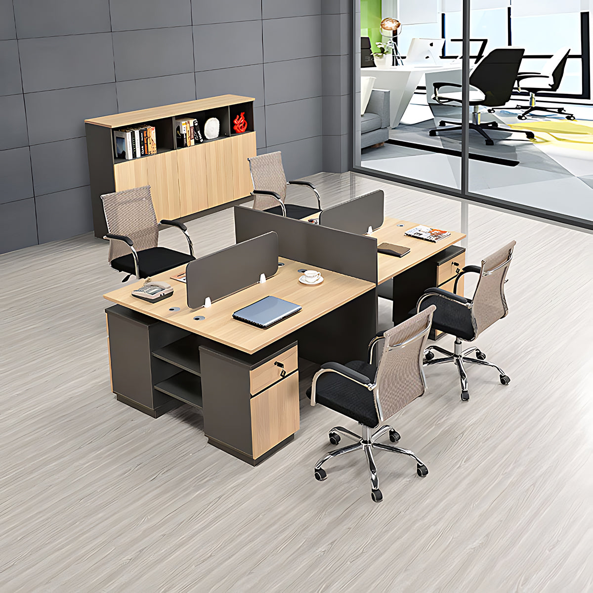 Minimalist Modern Desk with Slat Screen, Four Seats