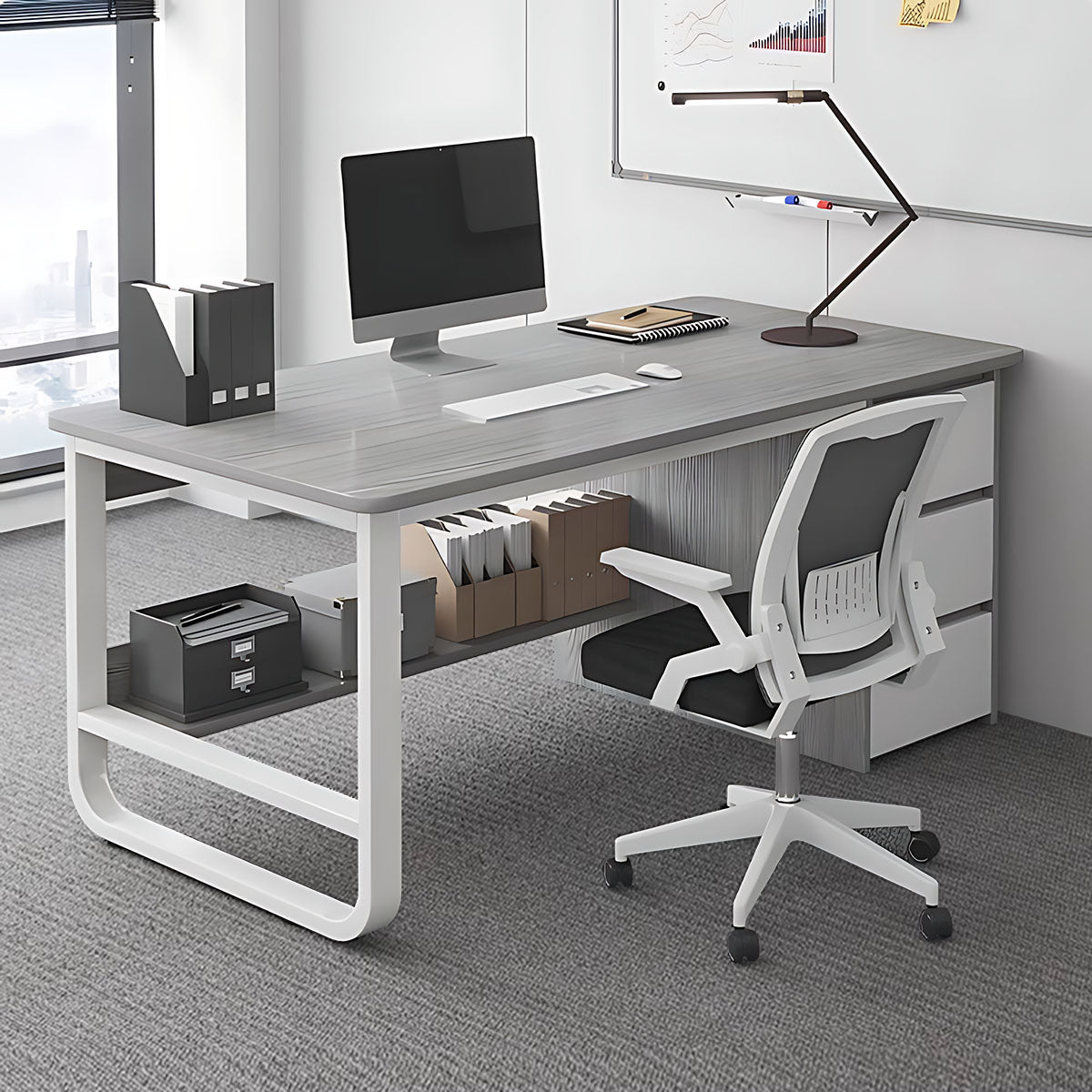 Simple Multiperson Desk and Chair Set, Single Workstation