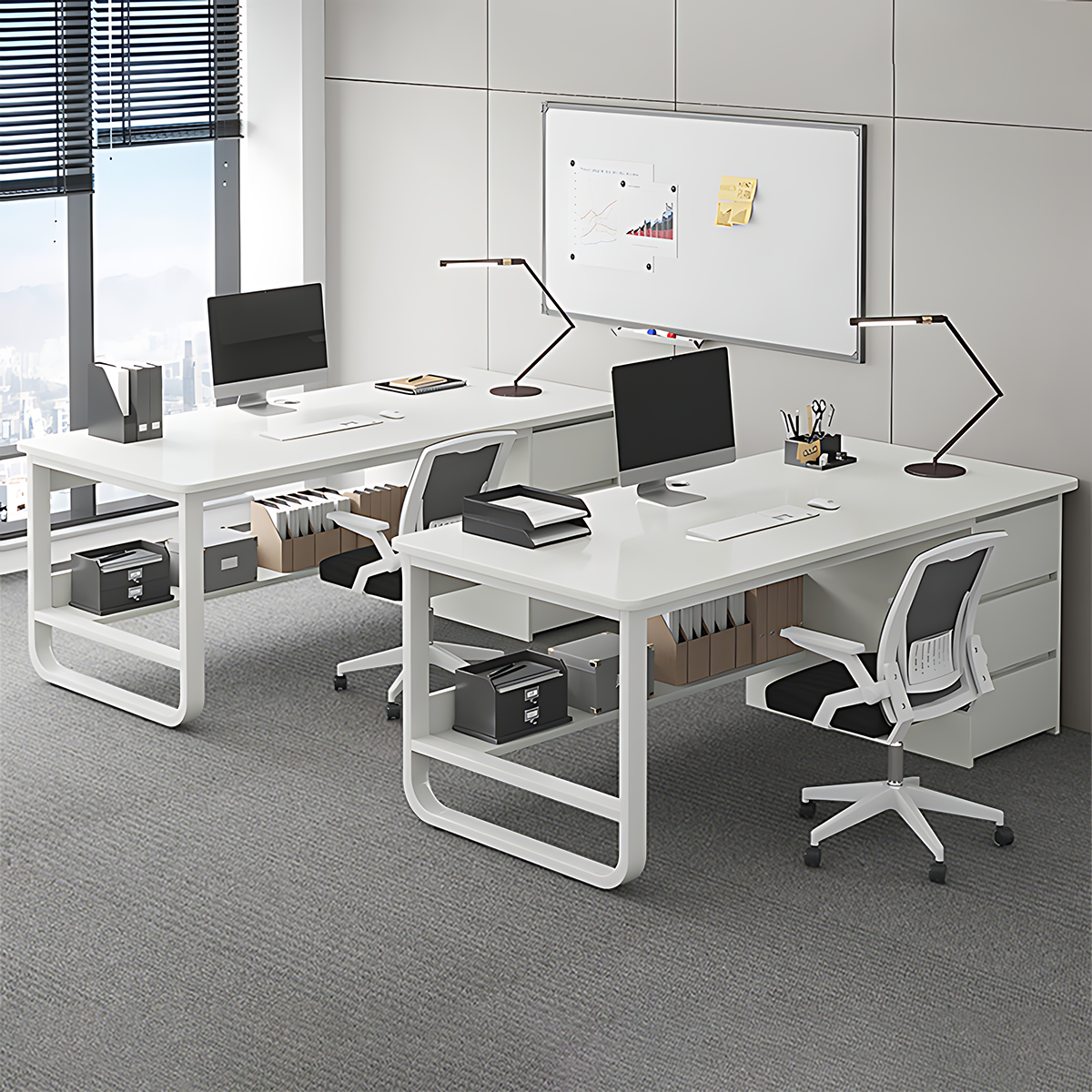 Simple Multiperson Desk and Chair Set, Single Workstation