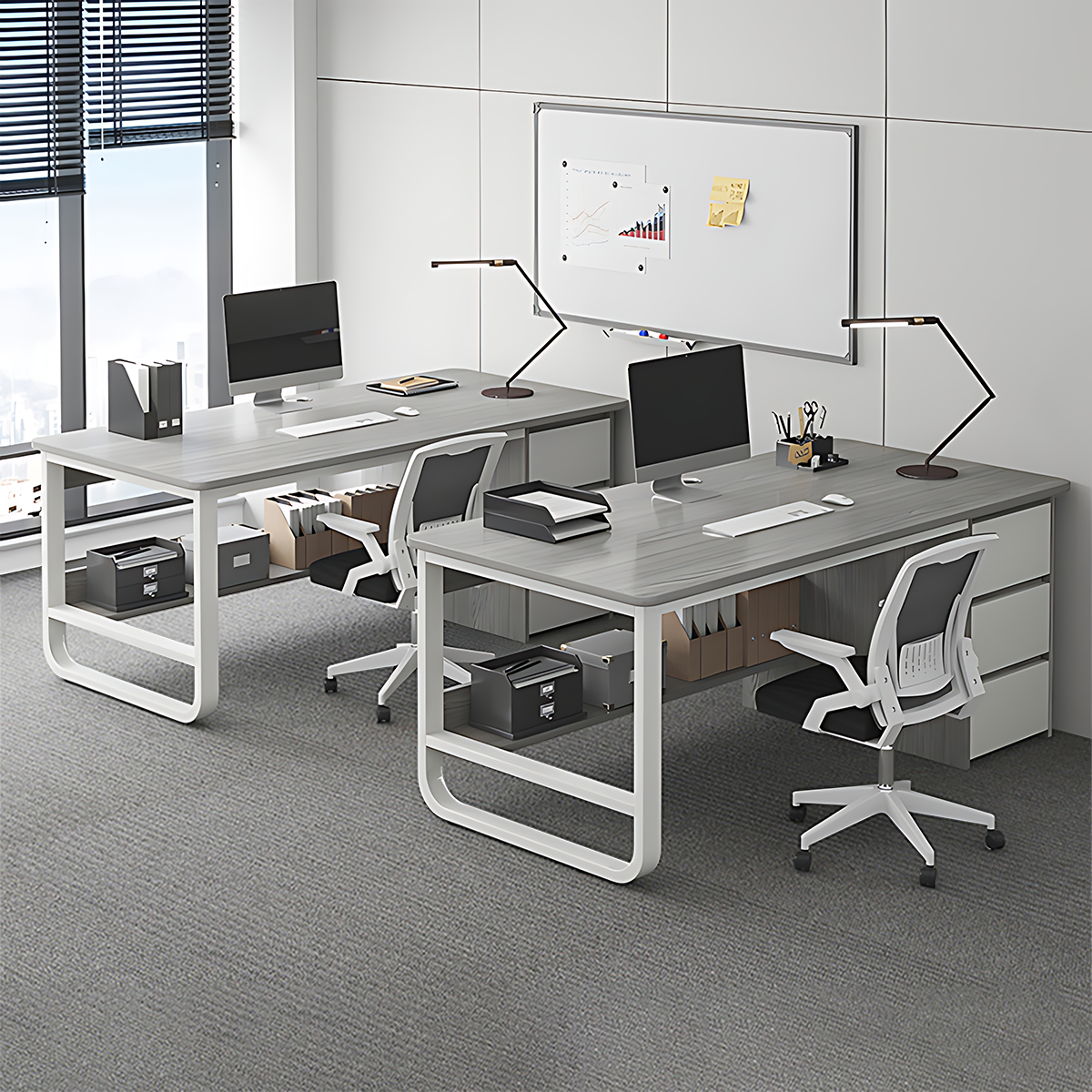 Simple Multiperson Desk and Chair Set, Single Workstation