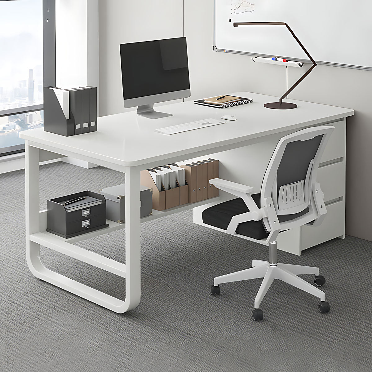 Simple Multiperson Desk and Chair Set, Single Workstation