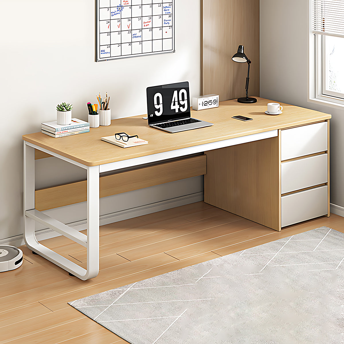 Simple Modern Desk and Chair Set with Steel Frame Legs and Drawers