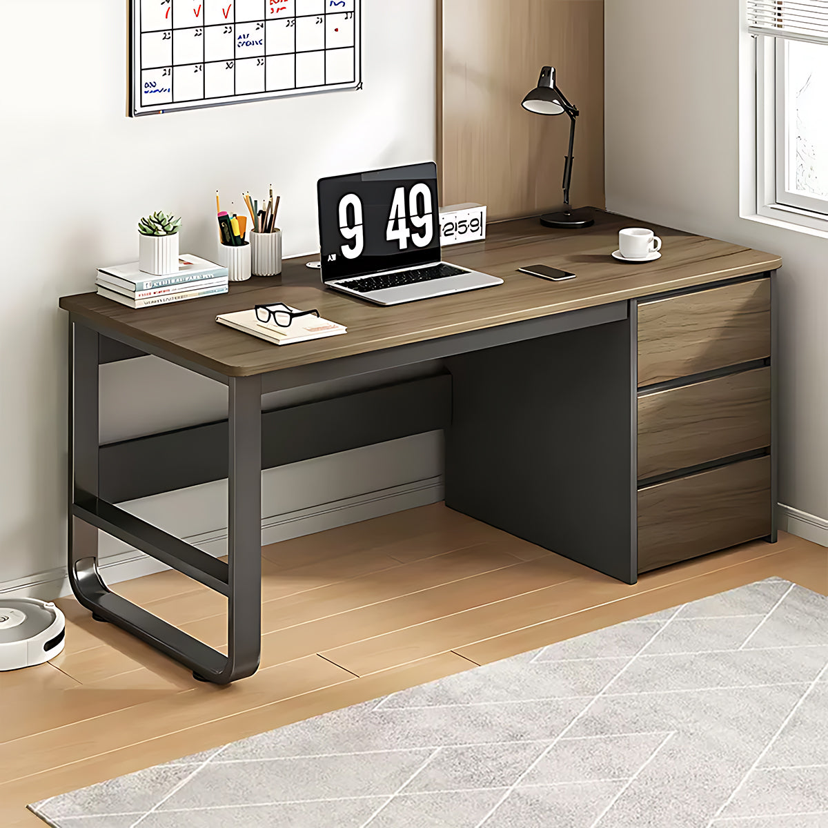 Simple Modern Desk and Chair Set with Steel Frame Legs and Drawers