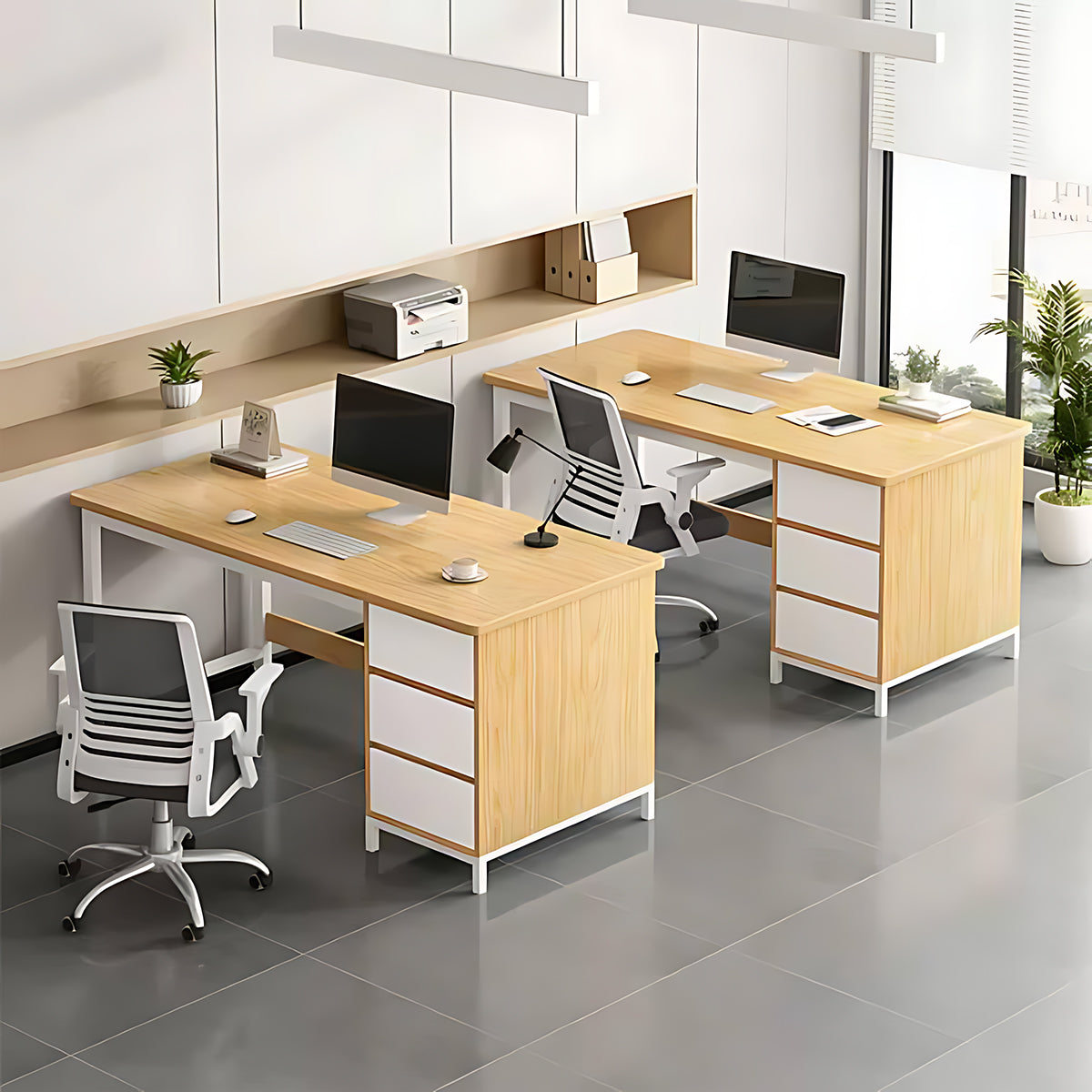 Simple Modern Desk and Chair Set with Steel Frame Legs and Drawers