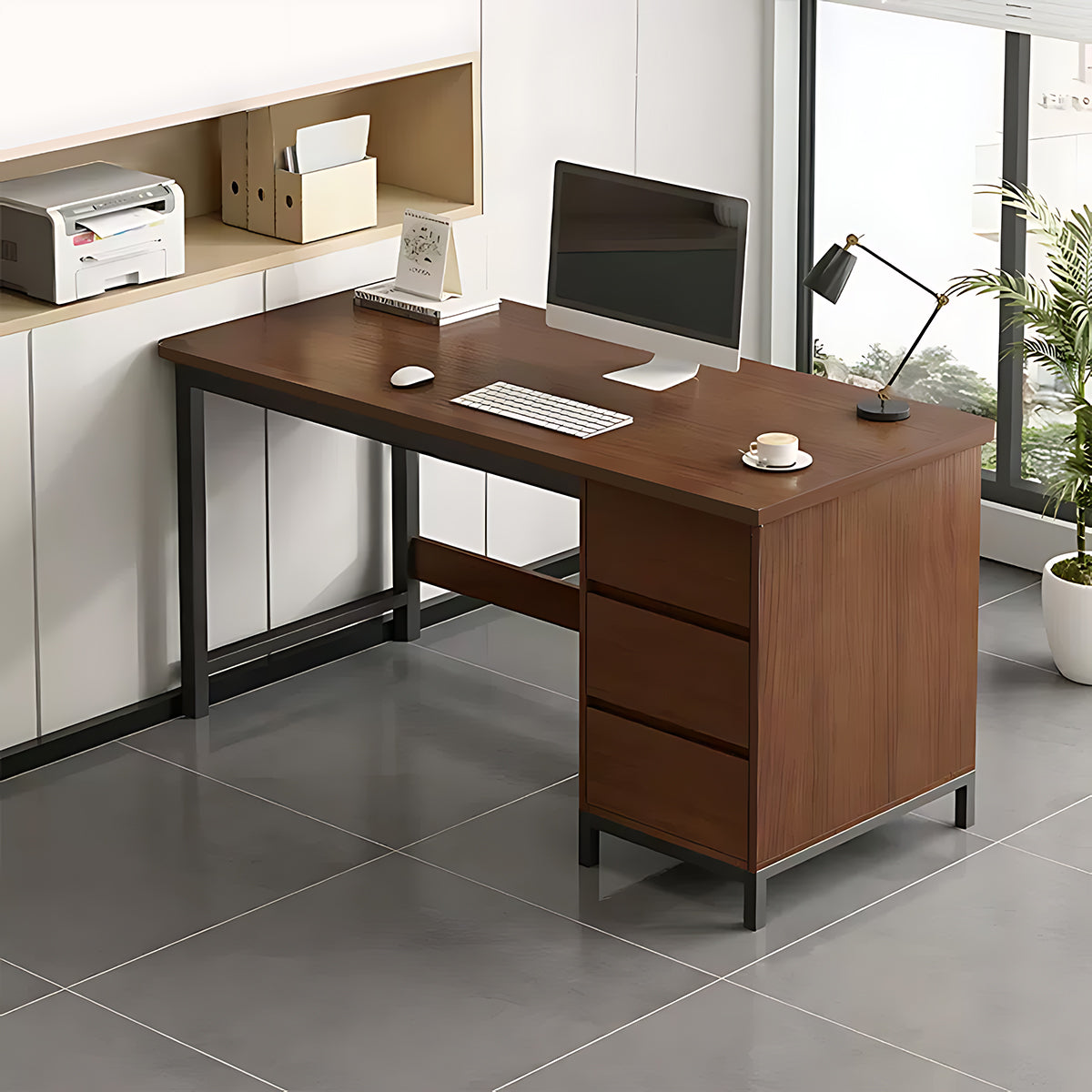 Simple Modern Desk and Chair Set with Steel Frame Legs and Drawers