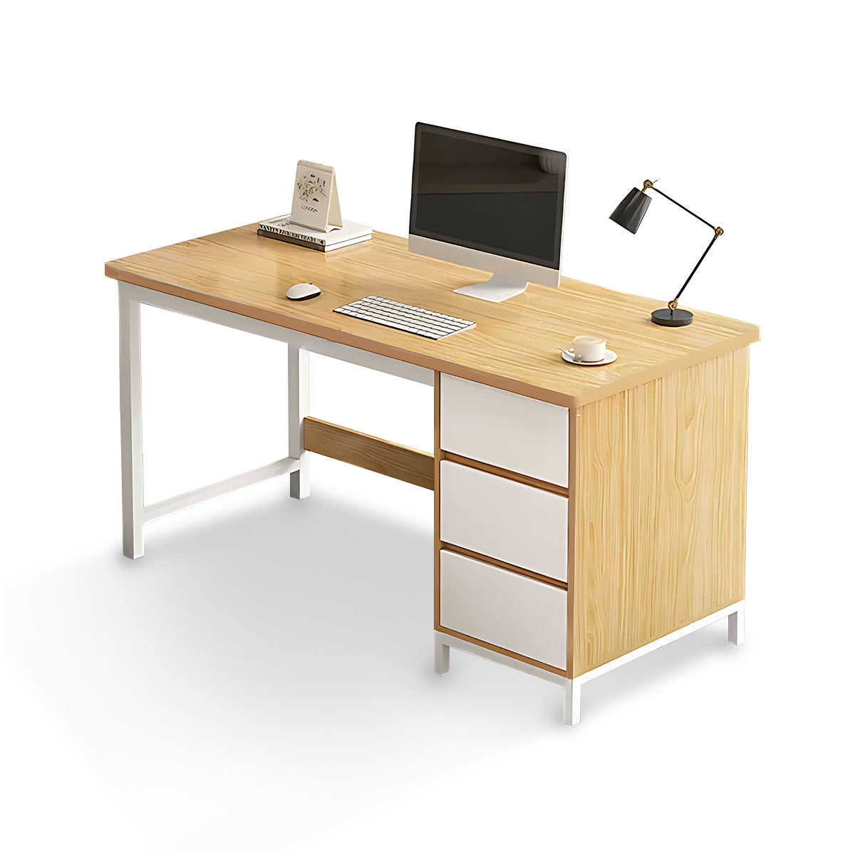 Simple Modern Desk and Chair Set with Steel Frame Legs and Drawers