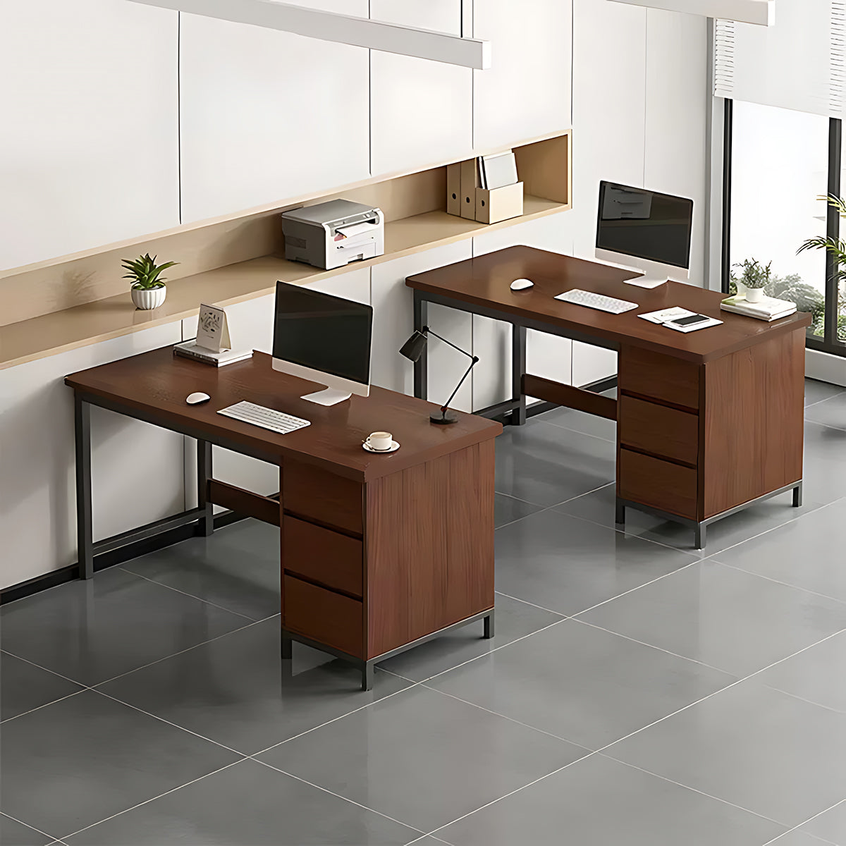 Simple Modern Desk and Chair Set with Steel Frame Legs and Drawers