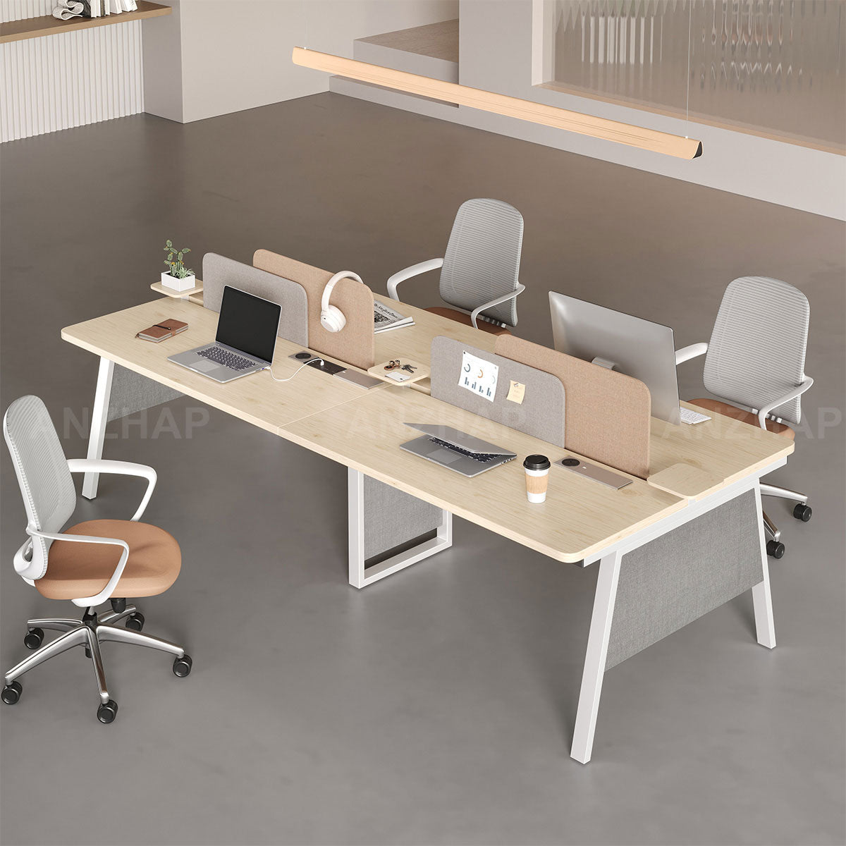 Professional 110" L 4-person Office Workstation Desk with Multifunctional Cable Box, Fabric Privacy Panels & Reinforced Fabric Panel Legs for Collaborative Workspaces（Stock Items）