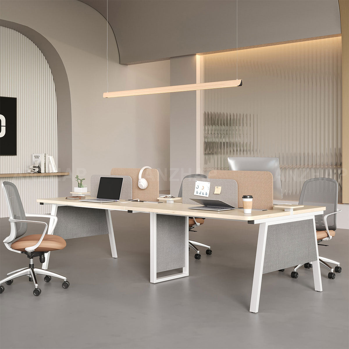 Professional 110" L 4-person Office Workstation Desk with Multifunctional Cable Box, Fabric Privacy Panels & Reinforced Fabric Panel Legs for Collaborative Workspaces（Stock Items）