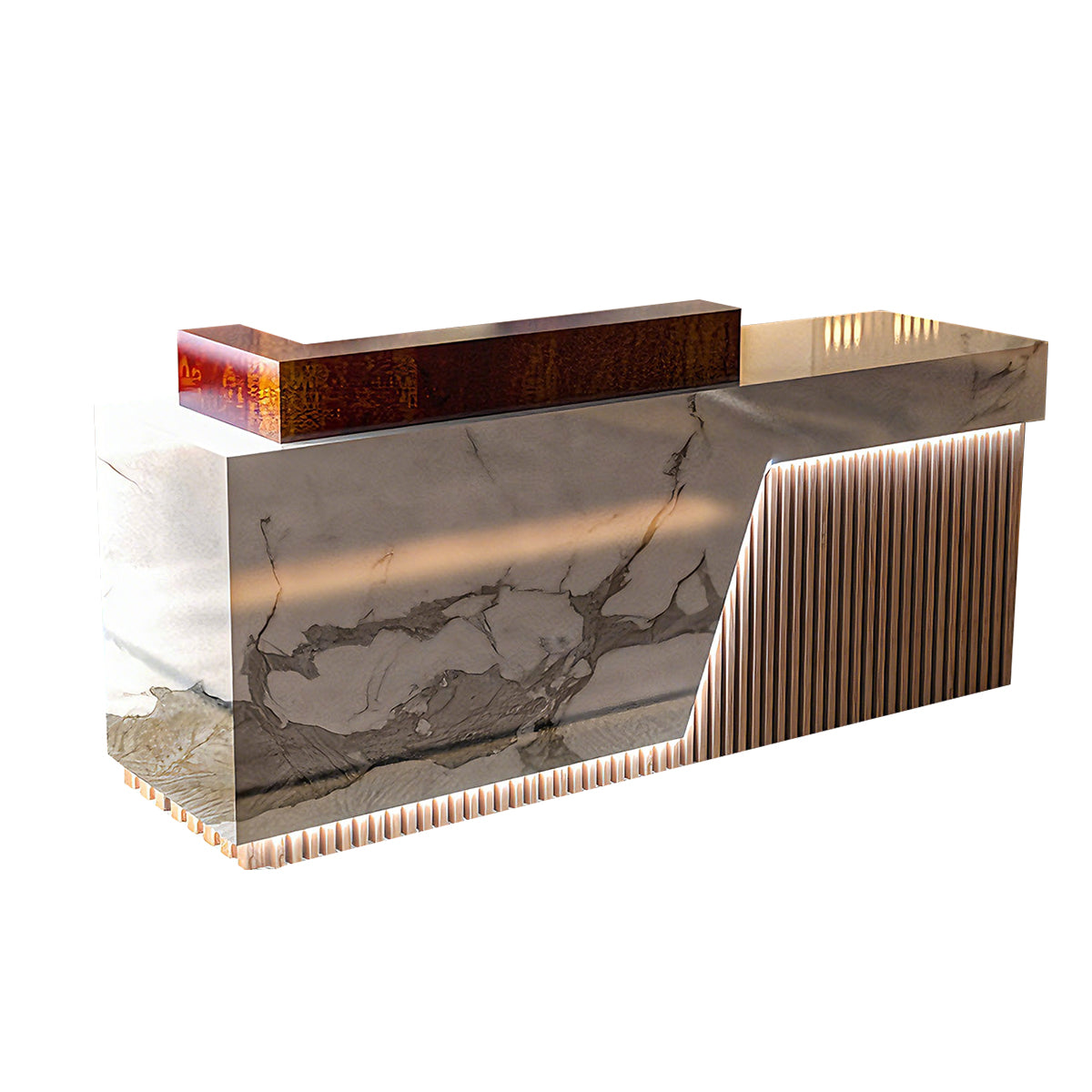 Executive Reception Desk – Black Marble & Fluted Wood with LED Accents