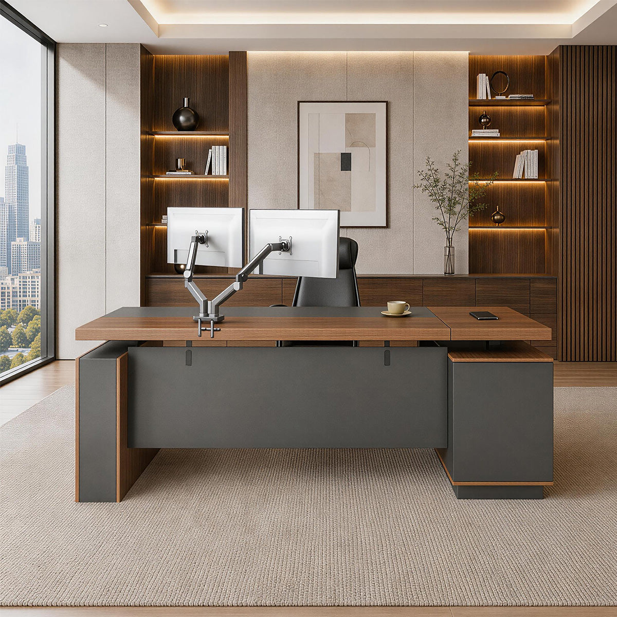 Height-Adjustable Executive Desk with Dual Motors, Power Hub, and Locking Storage（Stock Items）