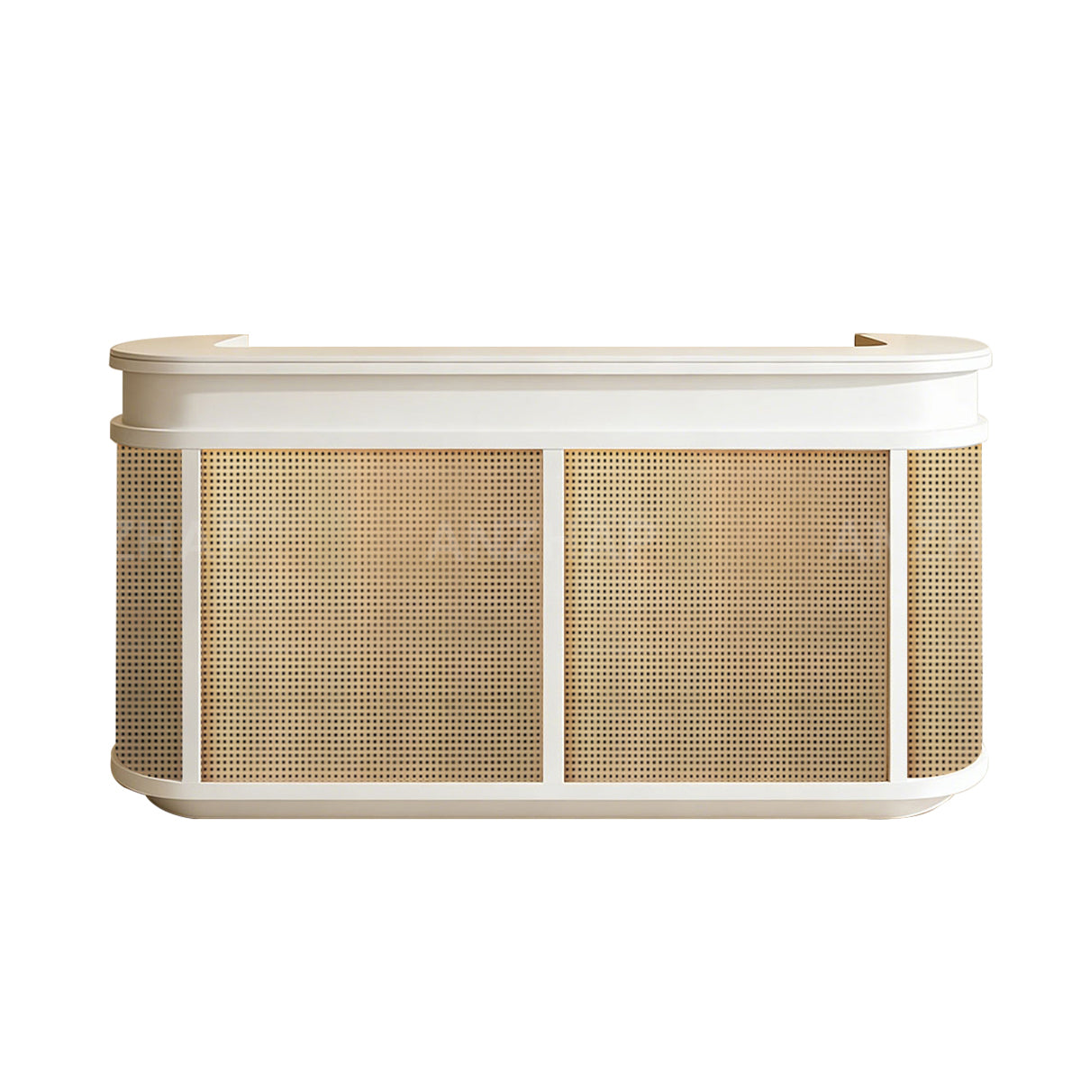 Vintage Curved Reception Desk 47–118 in Wide with File Drawers, Privacy Panel, Transaction Counter & Woven Rattan Detail（Stock Items）