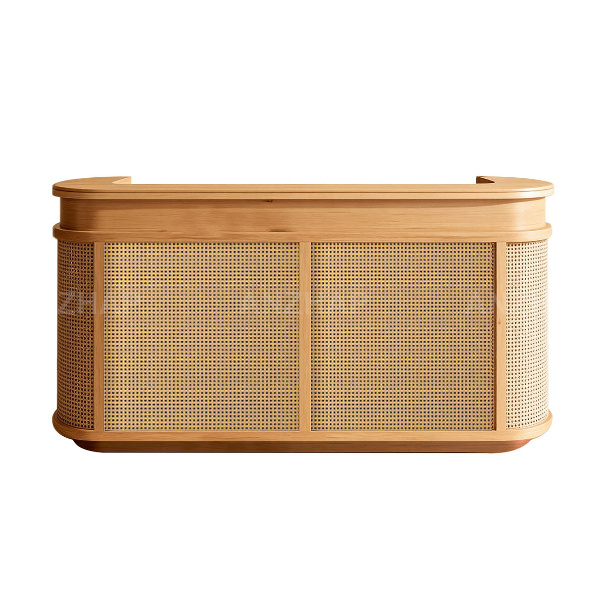 Vintage Curved Reception Desk 47–118 in Wide with File Drawers, Privacy Panel, Transaction Counter & Woven Rattan Detail（Stock Items）