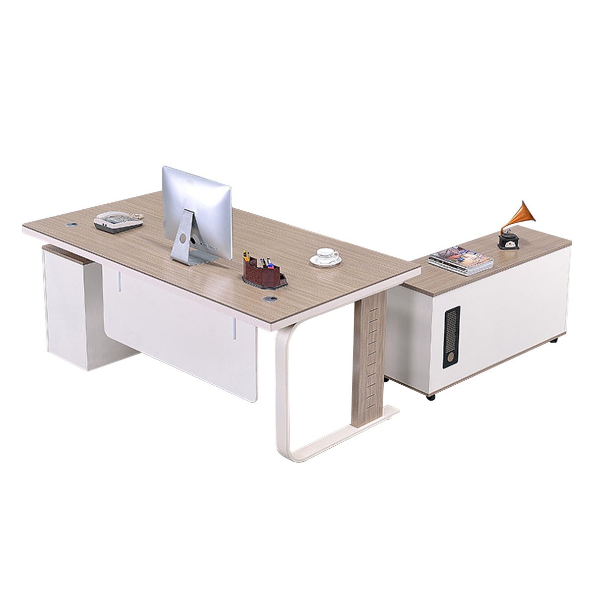 Practical Minimalist Two-Tone Executive Desk with Large Side Cabinet Design