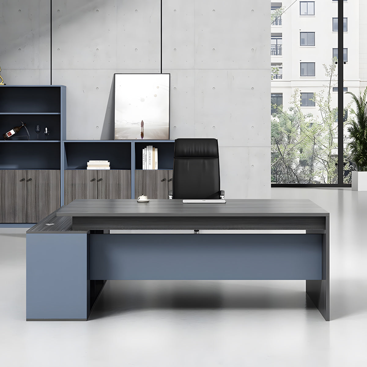 L-Shaped Executive Desk, angled product view, for executive office workspace, modern executive office furniture