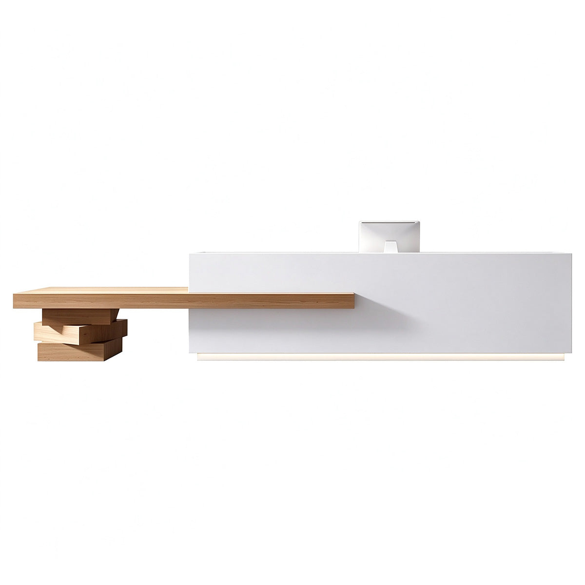 Commercial Reception Desk with Dual Countertop & Large Storage Space / Color: Lacquered White + Natural