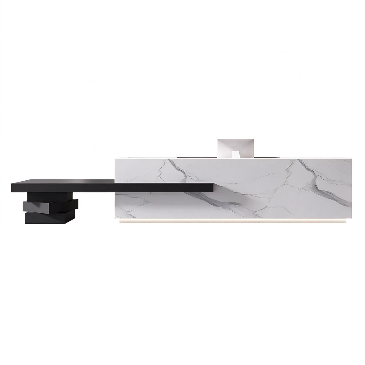 Commercial Reception Desk with Dual Countertop & Large Storage Space / Color: Marble-look Texture + Black