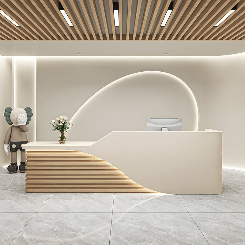 Modern Salon Reception Desk with Wood Grain Lattice Slat