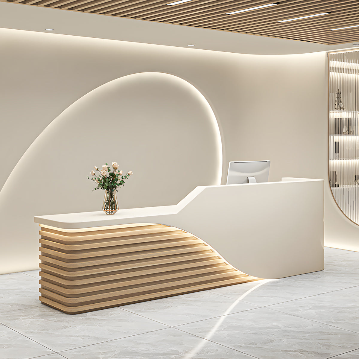 Modern Salon Reception Desk with Wood Grain Lattice Slat