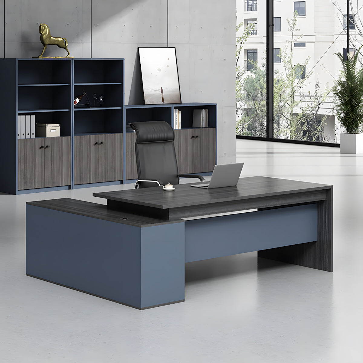 L-Shaped Executive Desk, office room scene, for executive office workspace, modern executive office furniture