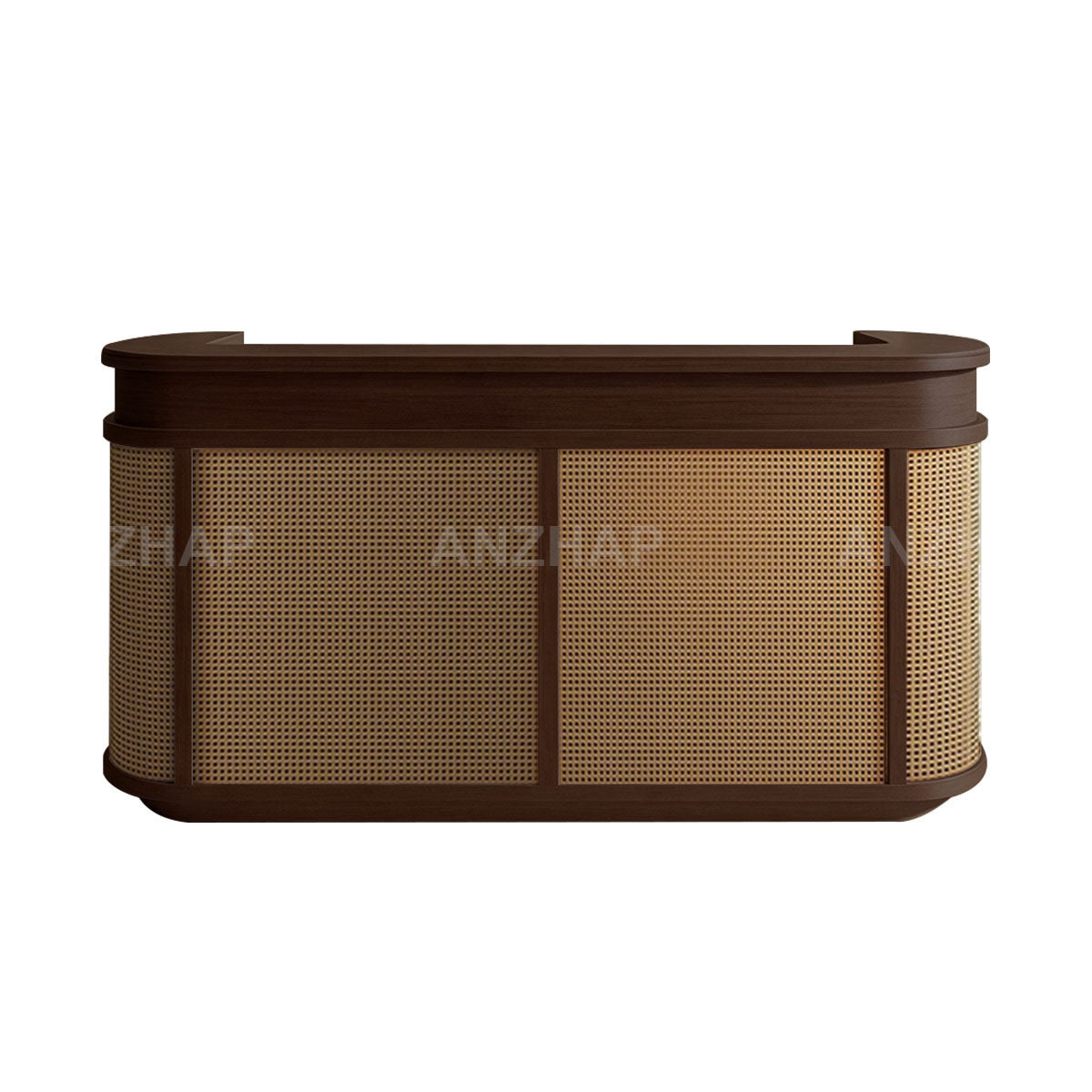 Vintage Curved Reception Desk 47–118 in Wide with File Drawers, Privacy Panel, Transaction Counter & Woven Rattan Detail（Stock Items）