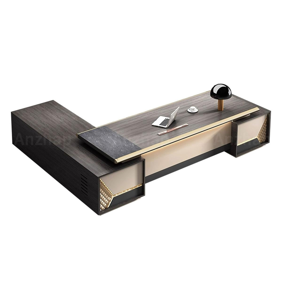Elegant Minimalist Executive Desk with LED Accent Lighting and Thickened Desktop