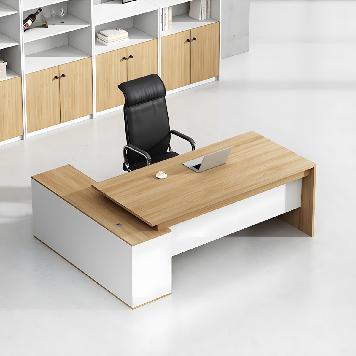 L-Shaped Executive Desk, front and side view, for executive office workspace, modern executive office furniture