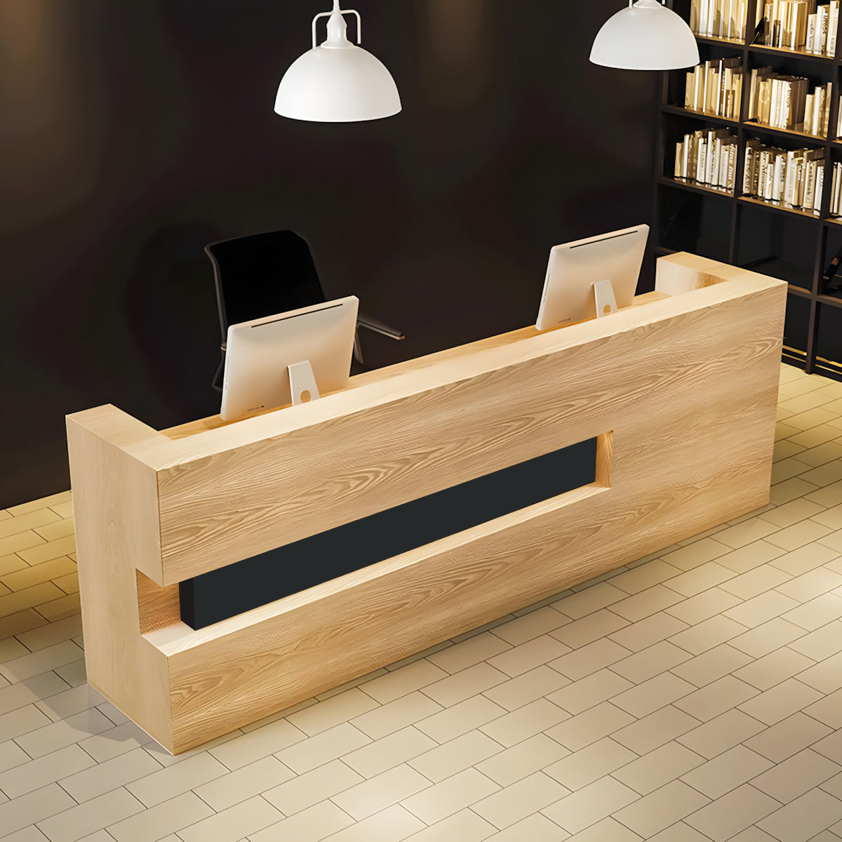 Reception Desk, office room scene, Retro Rectangular Solid Wood Reception Desk finish, for reception area or front office, commercial reception furniture
