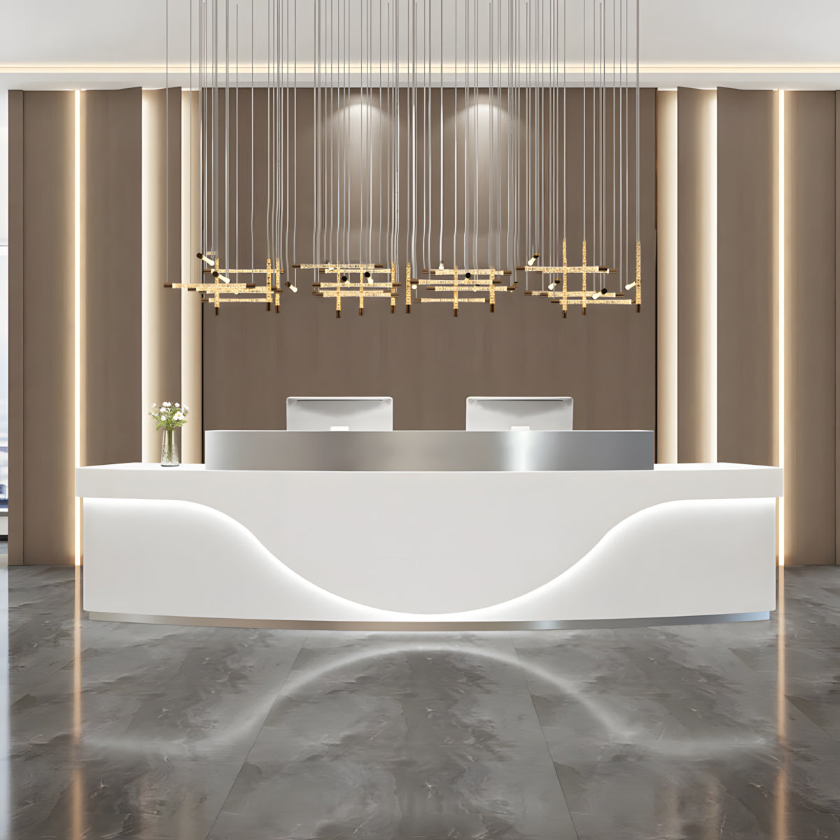 Stainless Steel China Curved Reception Desk with LED Lights, Cabinets, and Drawers for Hotels and Offices