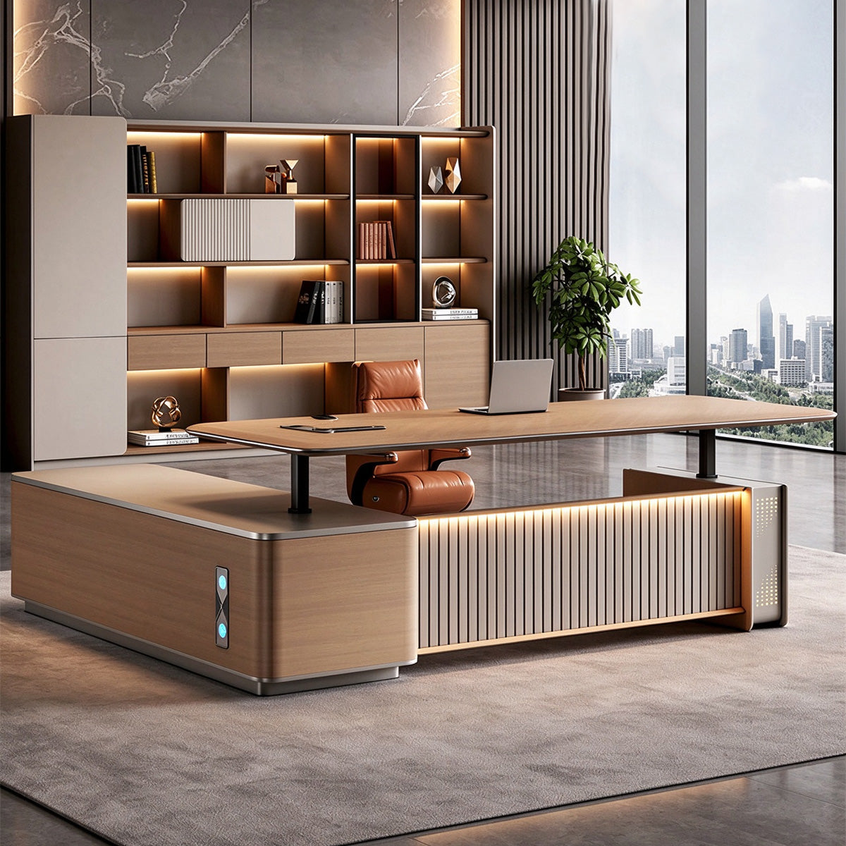 Smart Standing Executive Desk with Wireless Charging & Storage