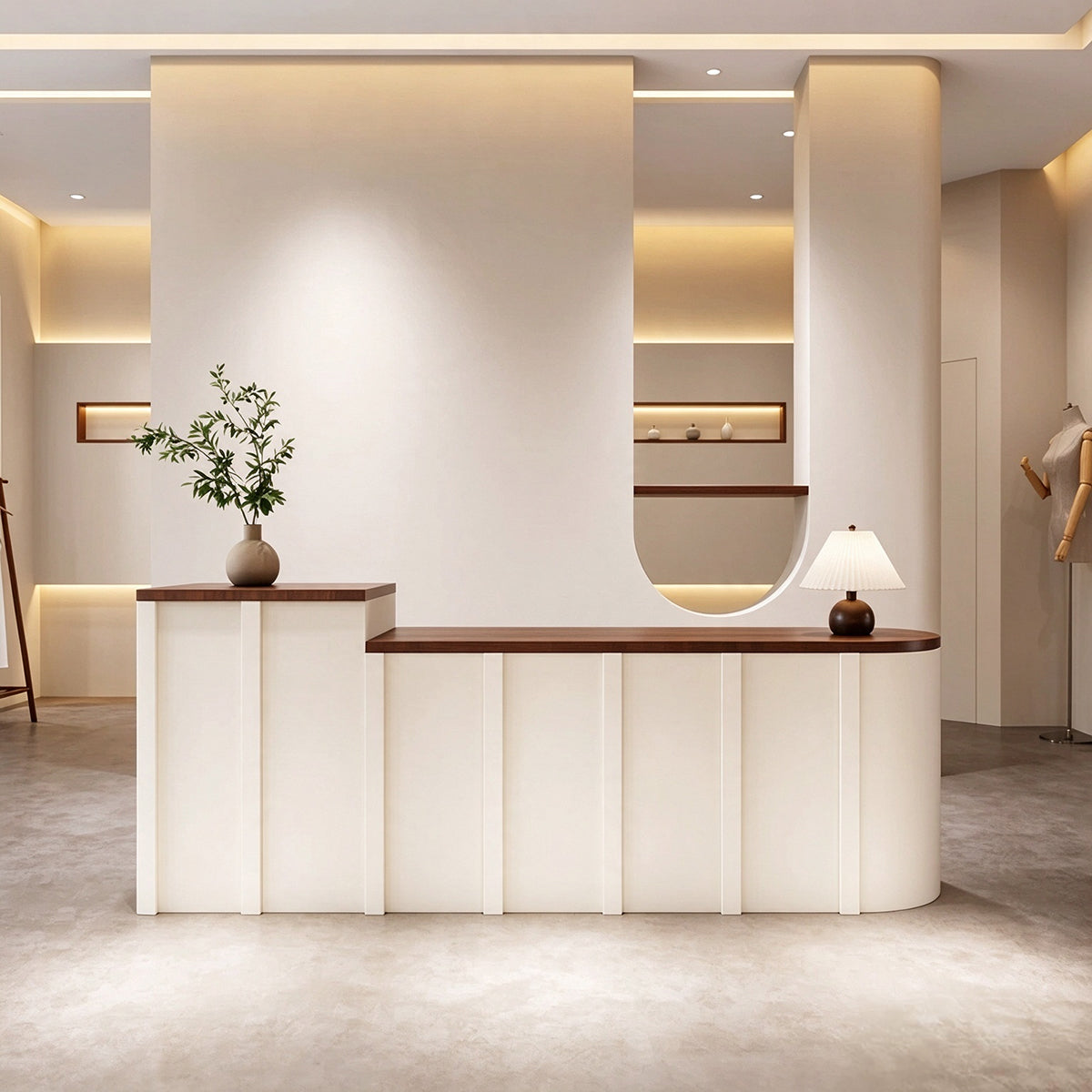 Curved Reception Desk with Spacious Countertop & Multi-functional Storage Design for Retail Spaces