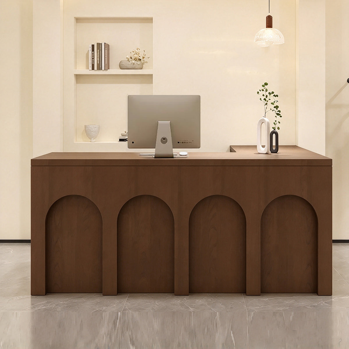 Arch Design Reception Desk with Cable Management, Reinforced Structure & Organized Storage for Retail Spaces