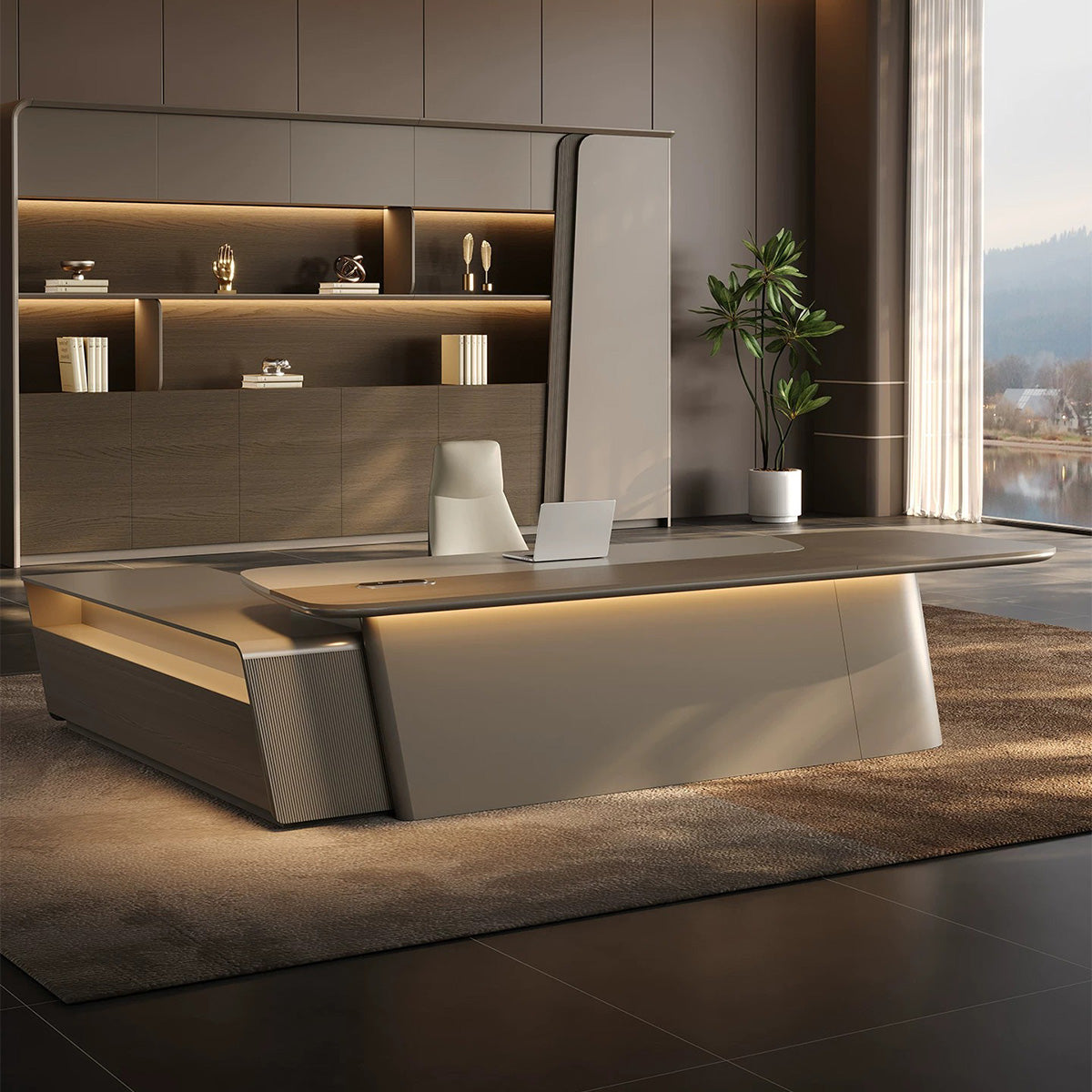 Luxury Executive Desk with Touch LED Lighting & Multi-level Side Storage Cabinet