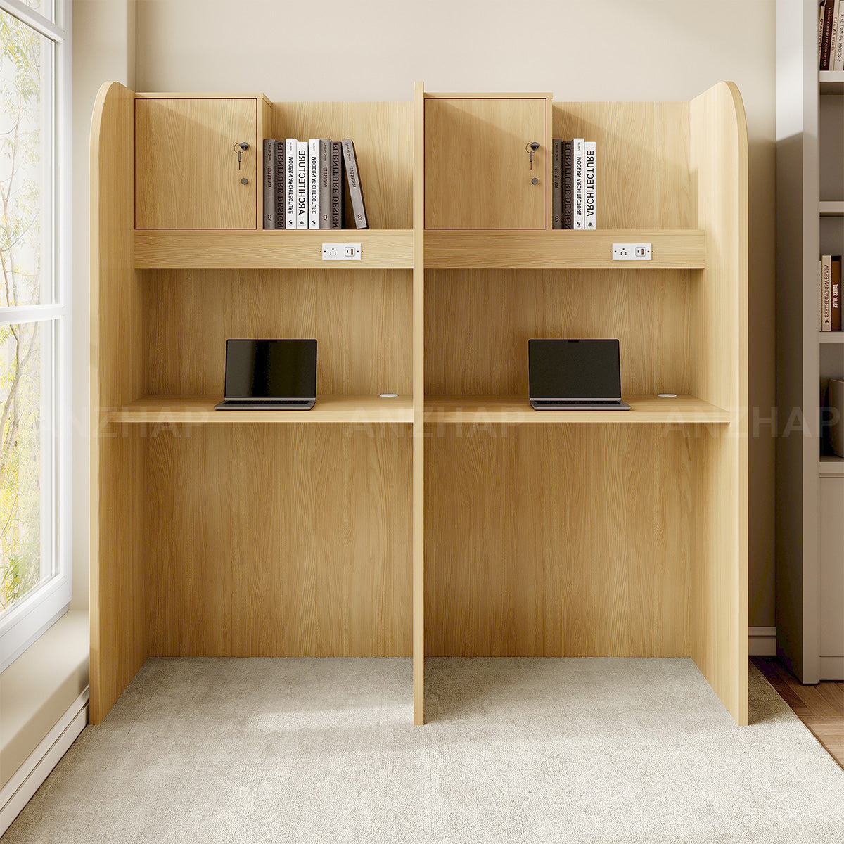Two-Person Study Carrel Desk with Power Outlets, Cable Management, and Lockable Storage