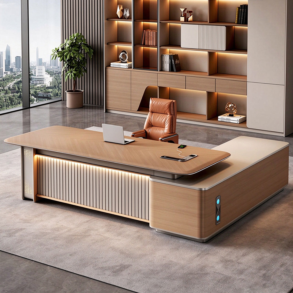 Smart Standing Executive Desk with Wireless Charging & Storage