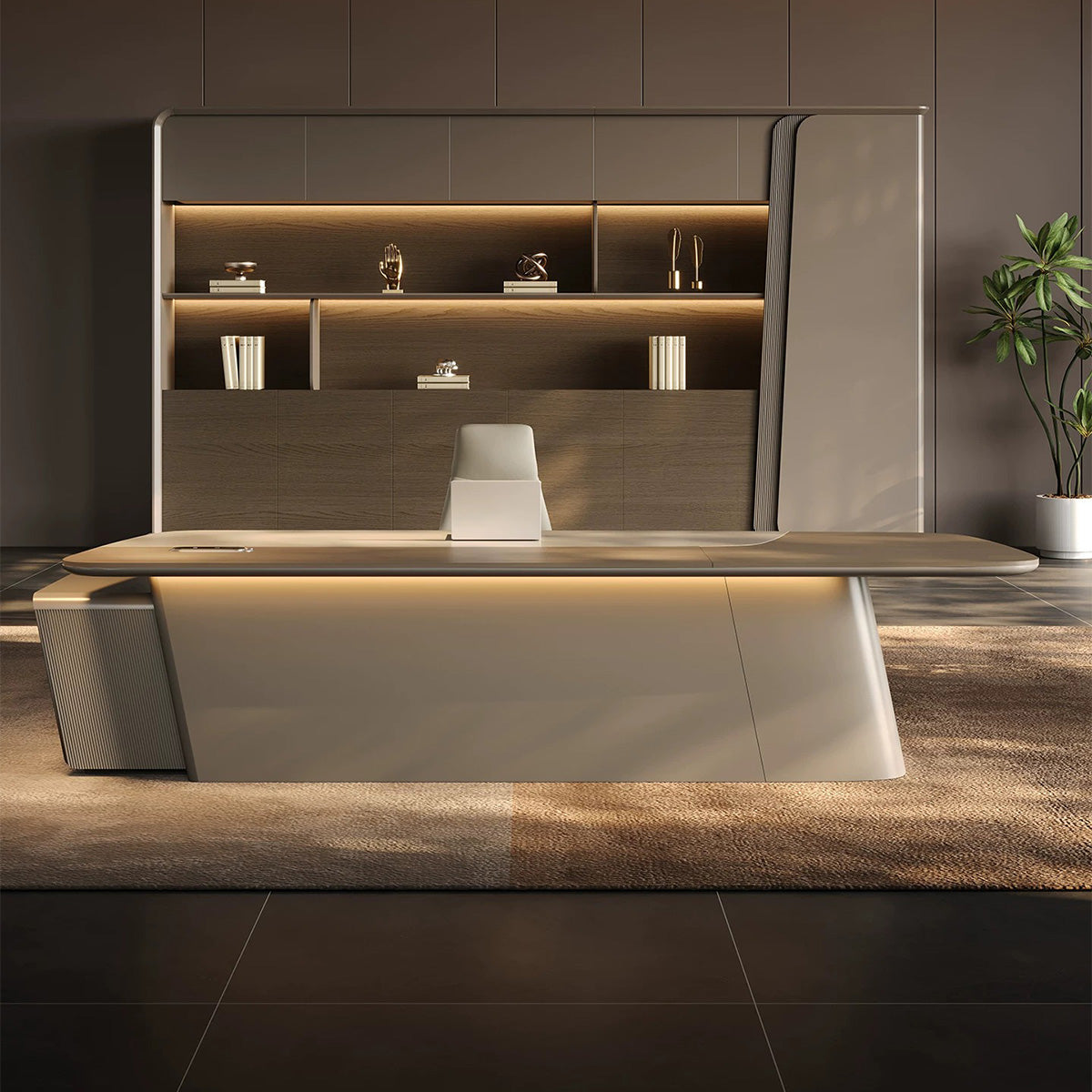 Luxury Executive Desk with Touch LED Lighting & Multi-level Side Storage Cabinet